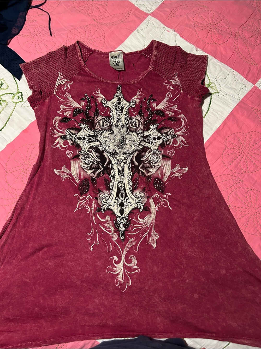 Vocal Women's Red Floral Cross Graphic Tee